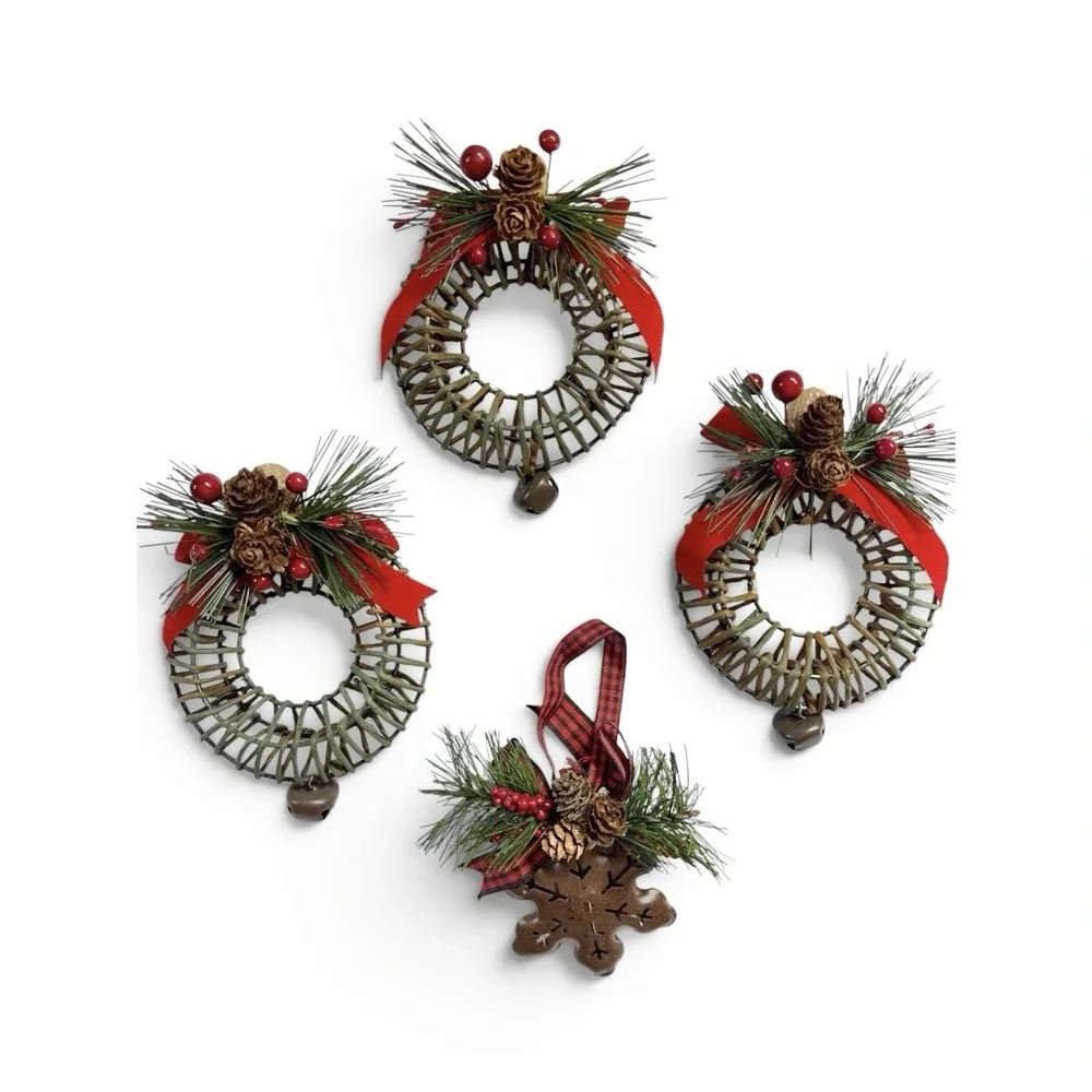 Rustic Metal Wreath Sleigh Bell Snowflake Ornaments Country Christmas 4pc Set